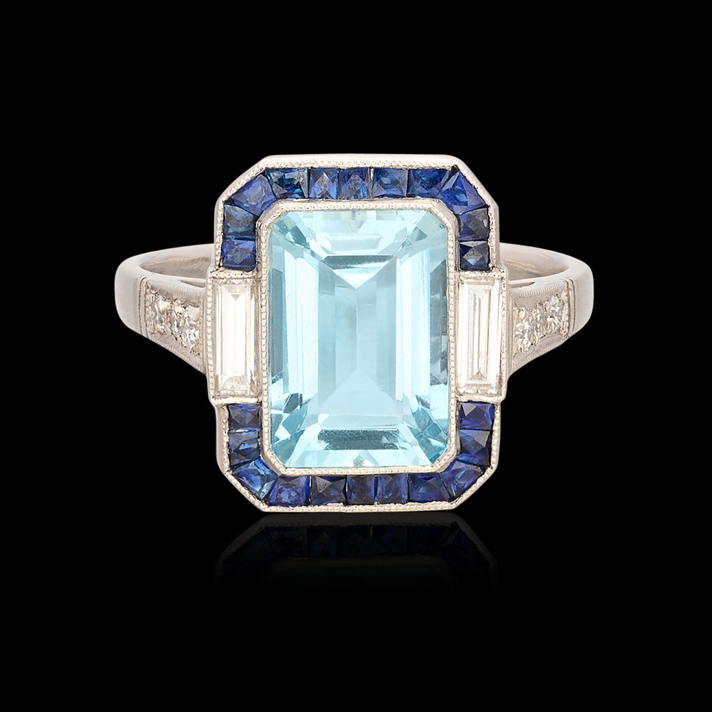 Art Deco Aquamarine, Sapphire & Diamond Ring