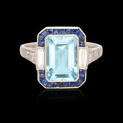 Art Deco Aquamarine, Sapphire & Diamond Ring