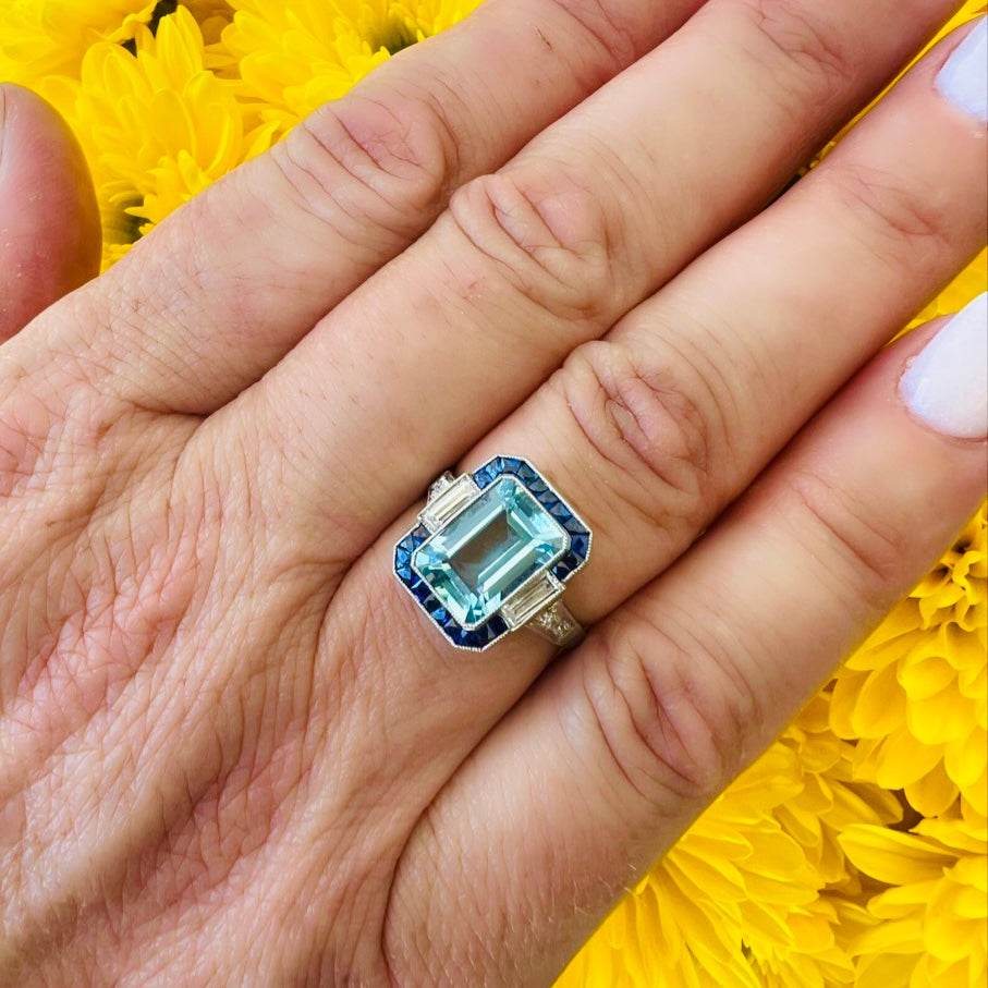 Art Deco Aquamarine, Sapphire & Diamond Ring