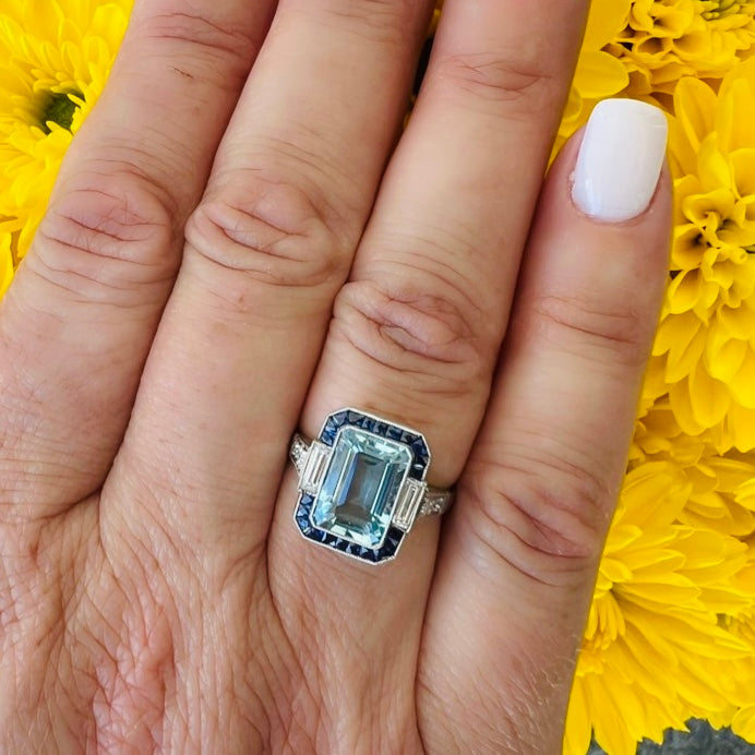 Art Deco Aquamarine, Sapphire & Diamond Ring