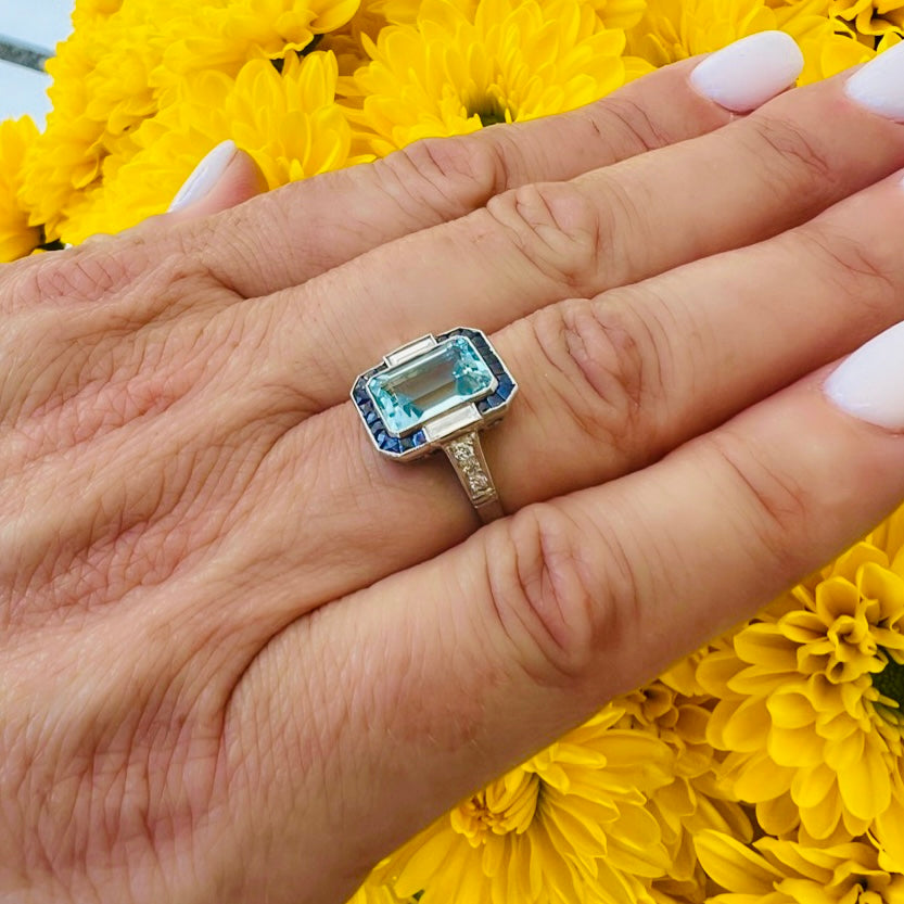 Art Deco Aquamarine, Sapphire & Diamond Ring