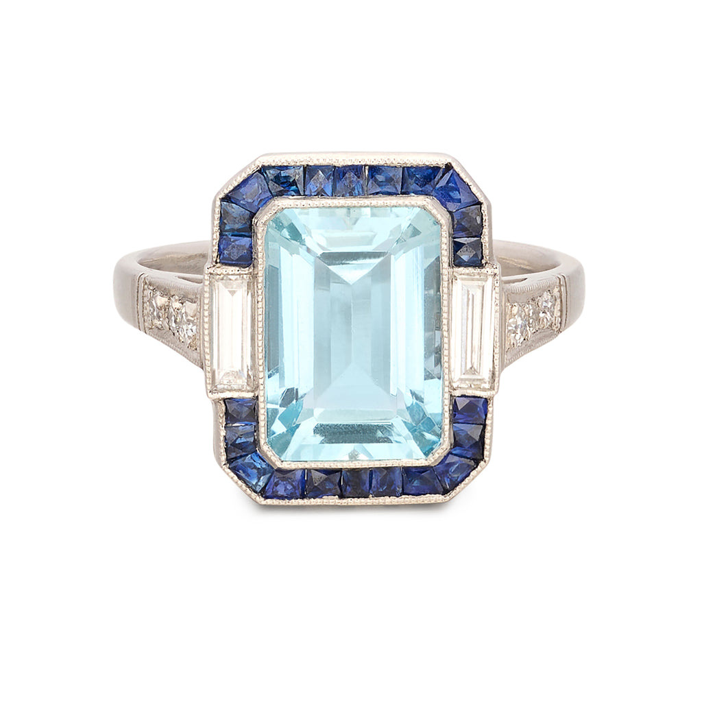 Art Deco Aquamarine, Sapphire & Diamond Ring