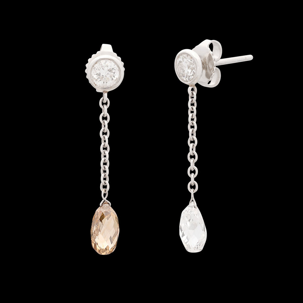 White & Champagne Diamond Drop Platinum Earrings