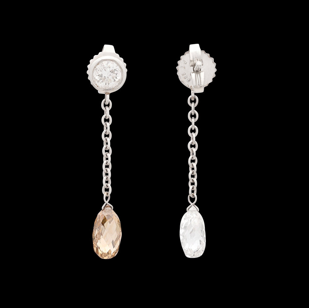 White & Champagne Diamond Drop Platinum Earrings
