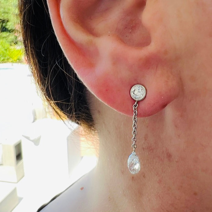 White & Champagne Diamond Drop Platinum Earrings