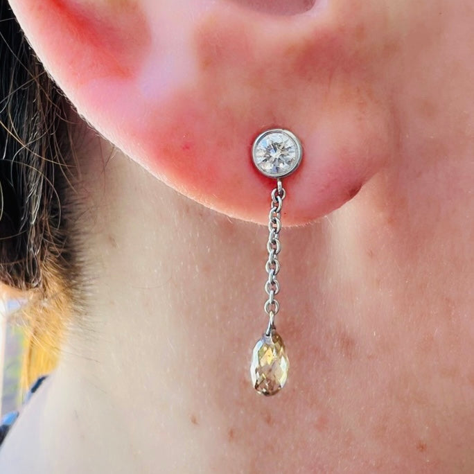 White & Champagne Diamond Drop Platinum Earrings