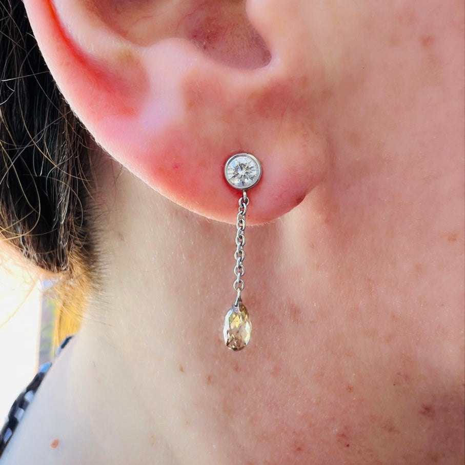 White & Champagne Diamond Drop Platinum Earrings