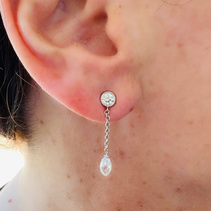White & Champagne Diamond Drop Platinum Earrings