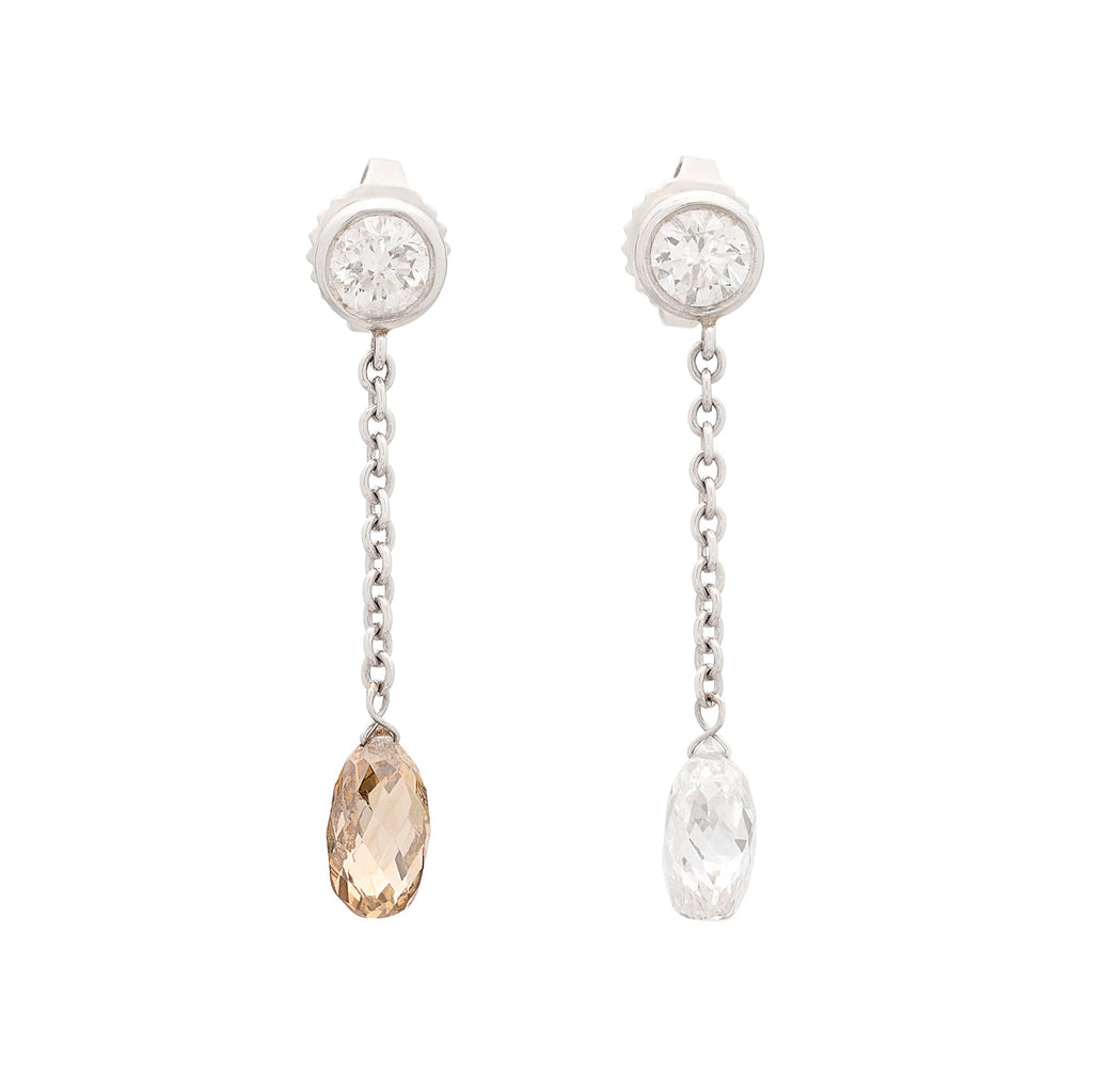 White & Champagne Diamond Drop Platinum Earrings