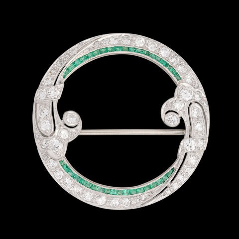 Vintage Platinum & Gold Diamond Emerald Brooch