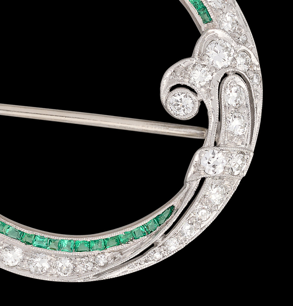 Vintage Platinum & Gold Diamond Emerald Brooch