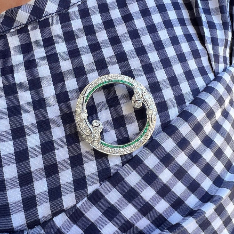 Vintage Platinum & Gold Diamond Emerald Brooch