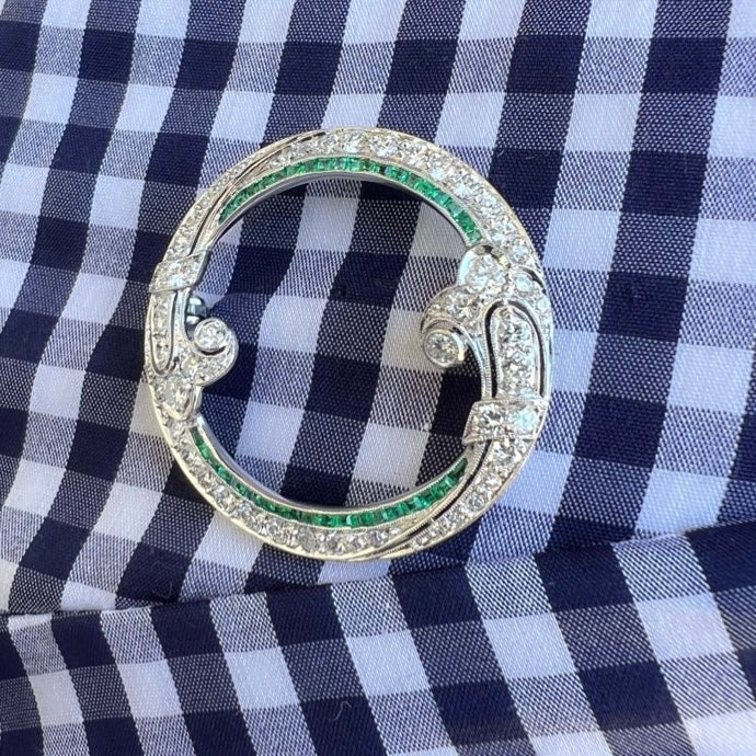 Vintage Platinum & Gold Diamond Emerald Brooch
