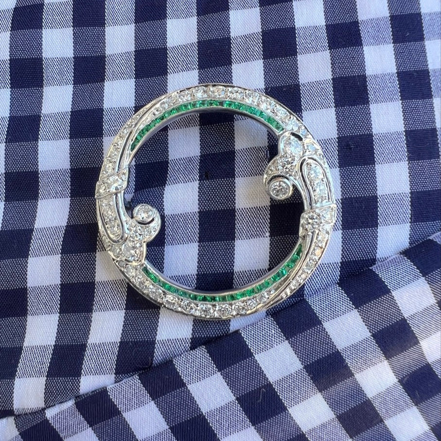 Vintage Platinum & Gold Diamond Emerald Brooch