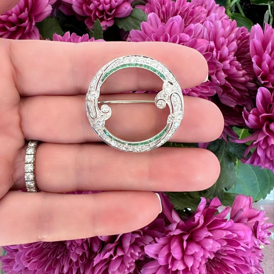 Vintage Platinum & Gold Diamond Emerald Brooch