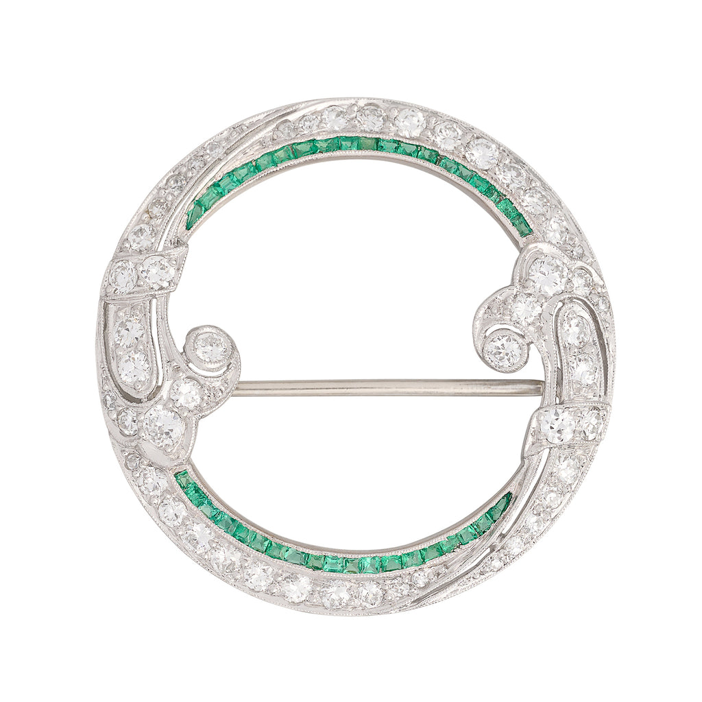 Vintage Platinum & Gold Diamond Emerald Brooch