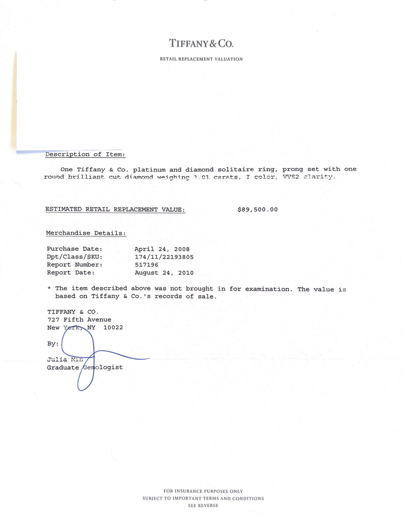 3.01 carat Diamond Platinum Ring by Tiffany & Co.