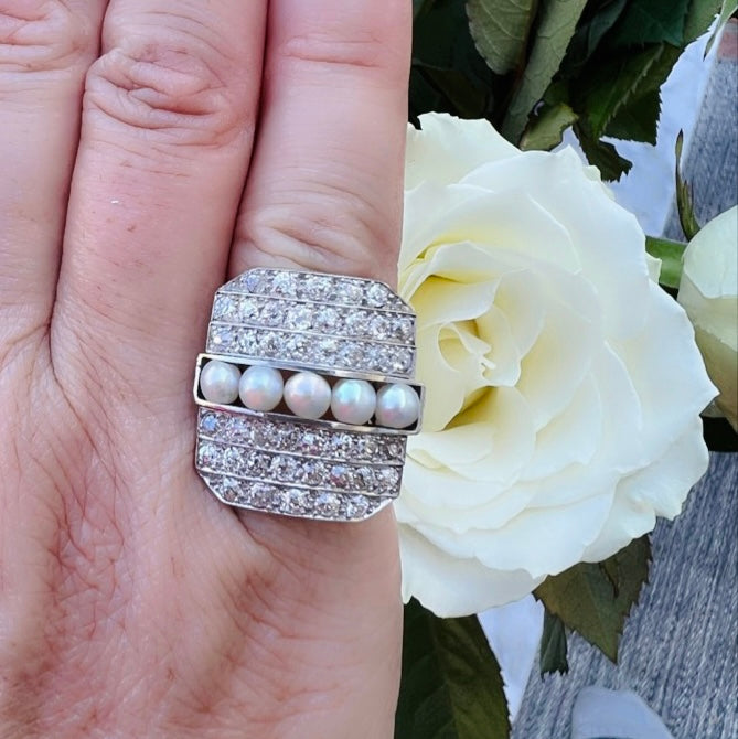 Antique Platinum Diamond & Pearl Ring
