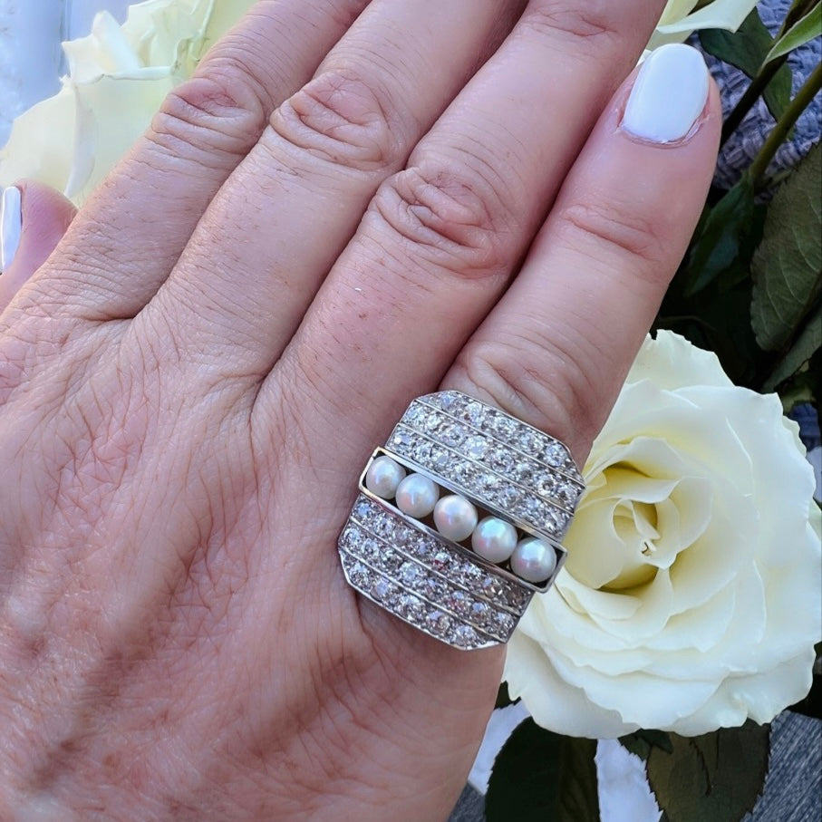 Antique Platinum Diamond & Pearl Ring