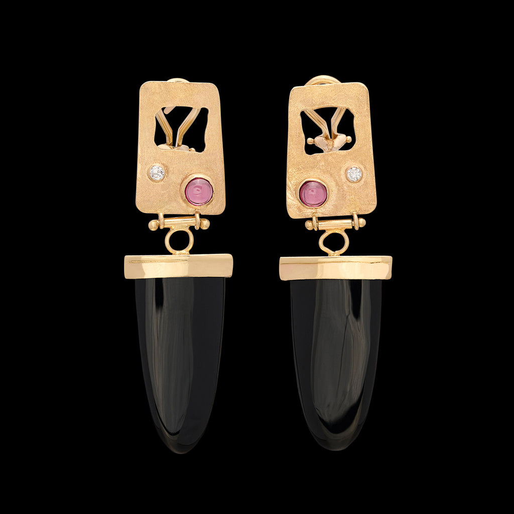 14 karat Yellow Gold Onyx, Diamond and Tourmaline Earrings