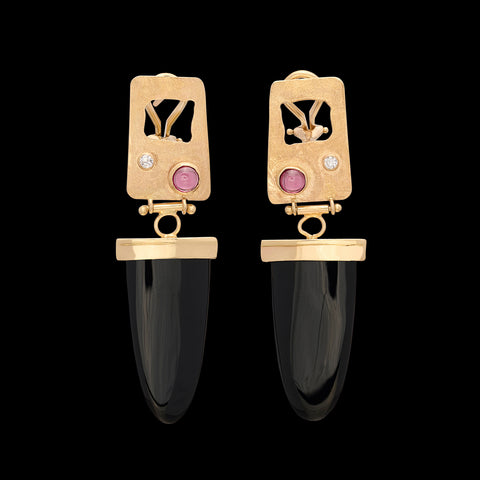 14 karat Yellow Gold Onyx, Diamond and Tourmaline Earrings