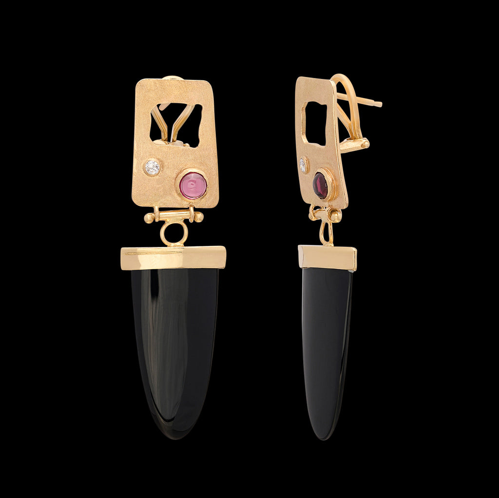 14 karat Yellow Gold Onyx, Diamond and Tourmaline Earrings