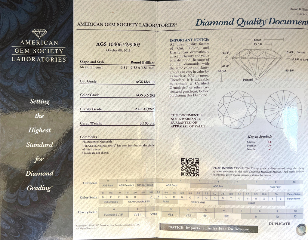 AGS 3.10ct Platinum Diamond Solitaire Engagement Ring