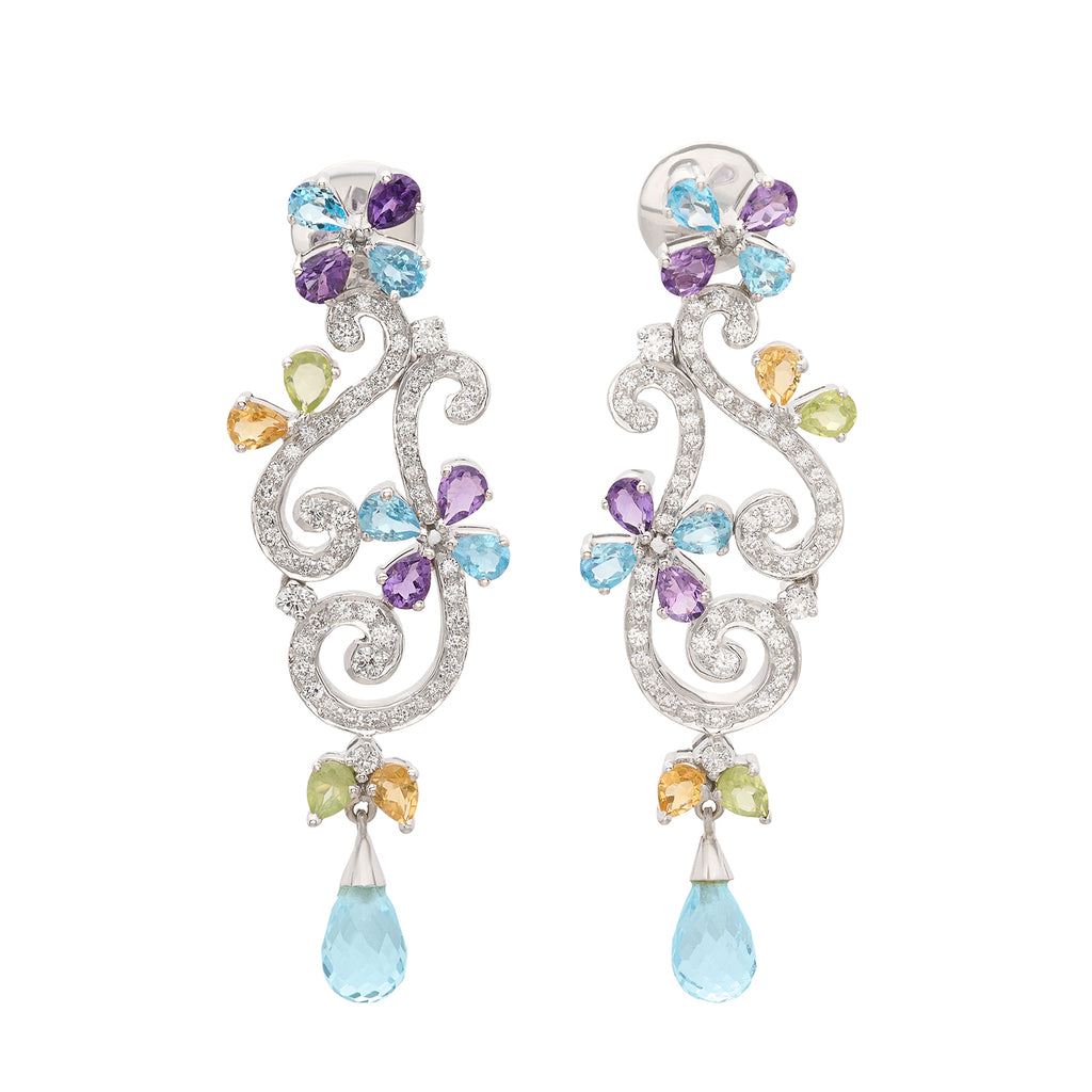 18kt White Gold Diamond & Multi-Colored Stone Drop Earrings