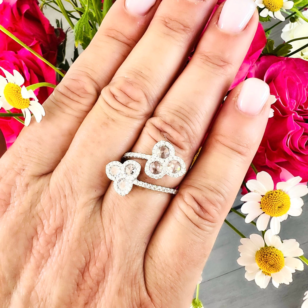 18kt White Gold Floral Diamond Bypass Ring