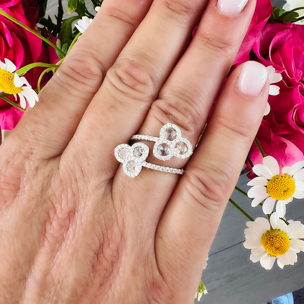 18kt White Gold Floral Diamond Bypass Ring