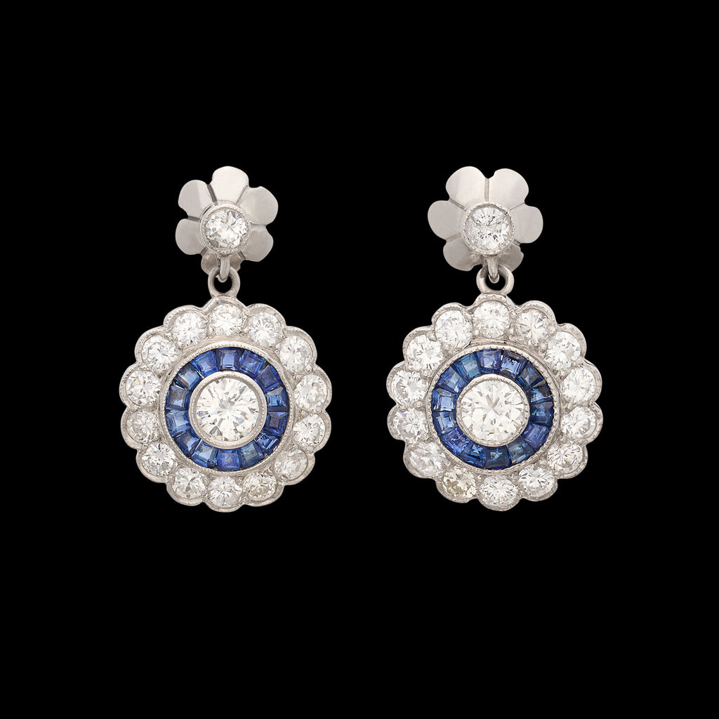 Platinum Diamond Drop Earrings with Sapphire Halo
