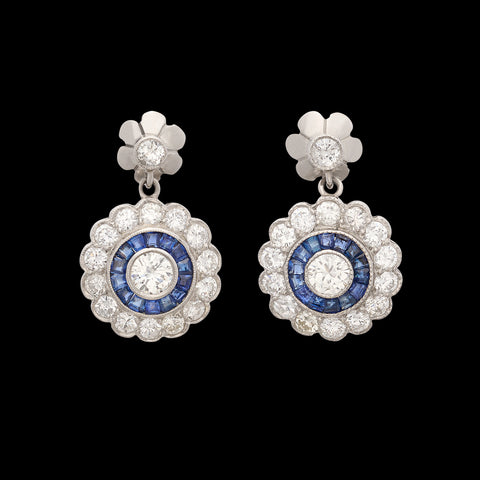 Platinum Diamond Drop Earrings with Sapphire Halo