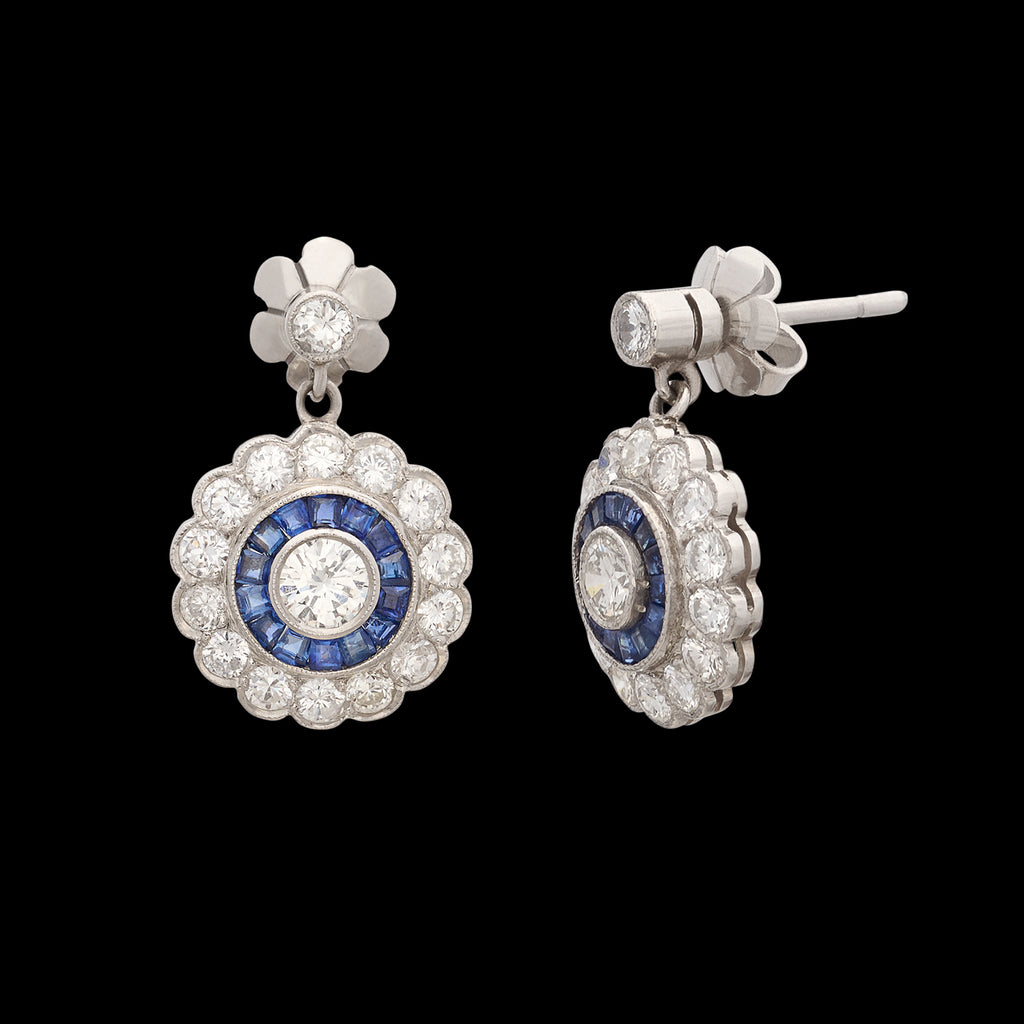 Platinum Diamond Drop Earrings with Sapphire Halo