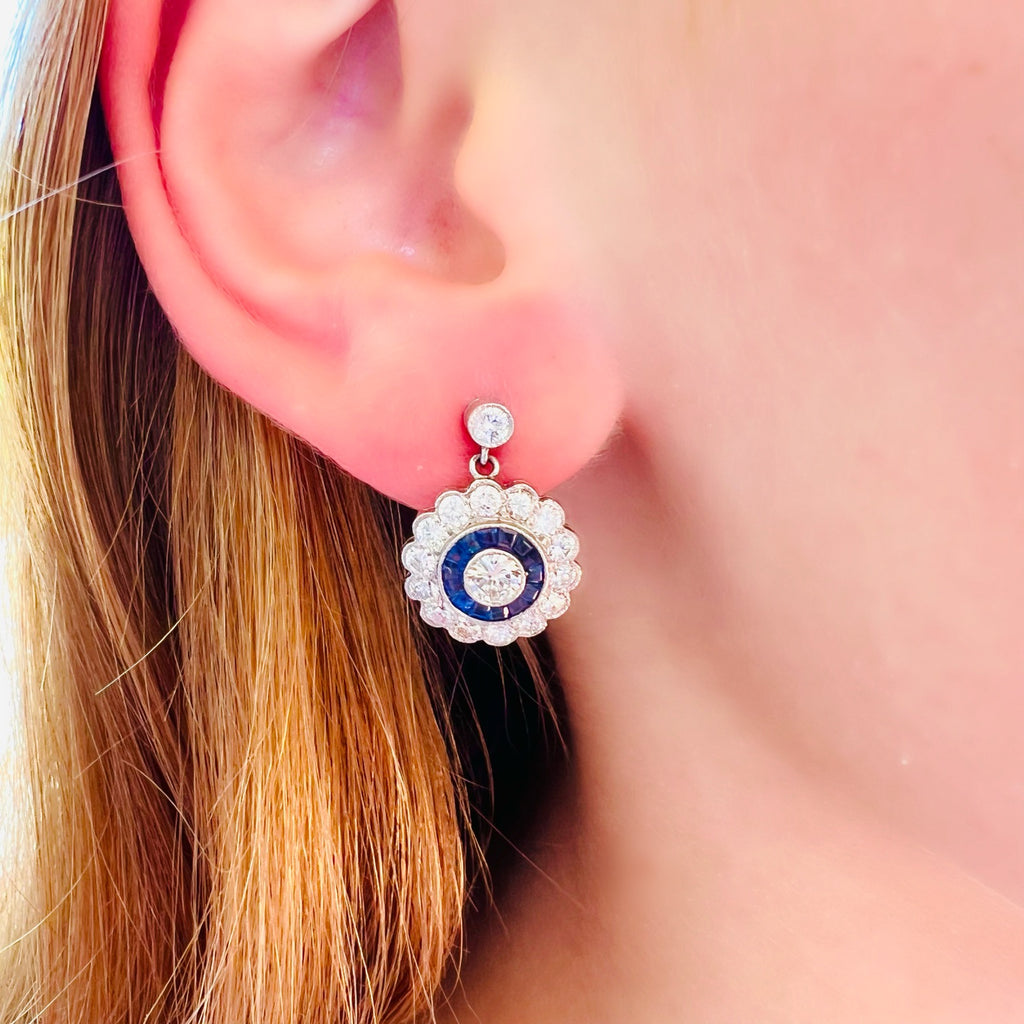 Platinum Diamond Drop Earrings with Sapphire Halo
