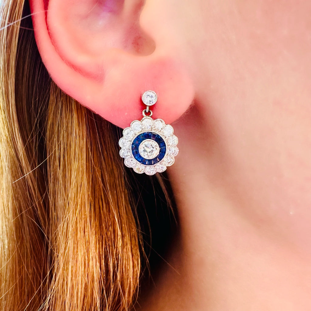 Platinum Diamond Drop Earrings with Sapphire Halo