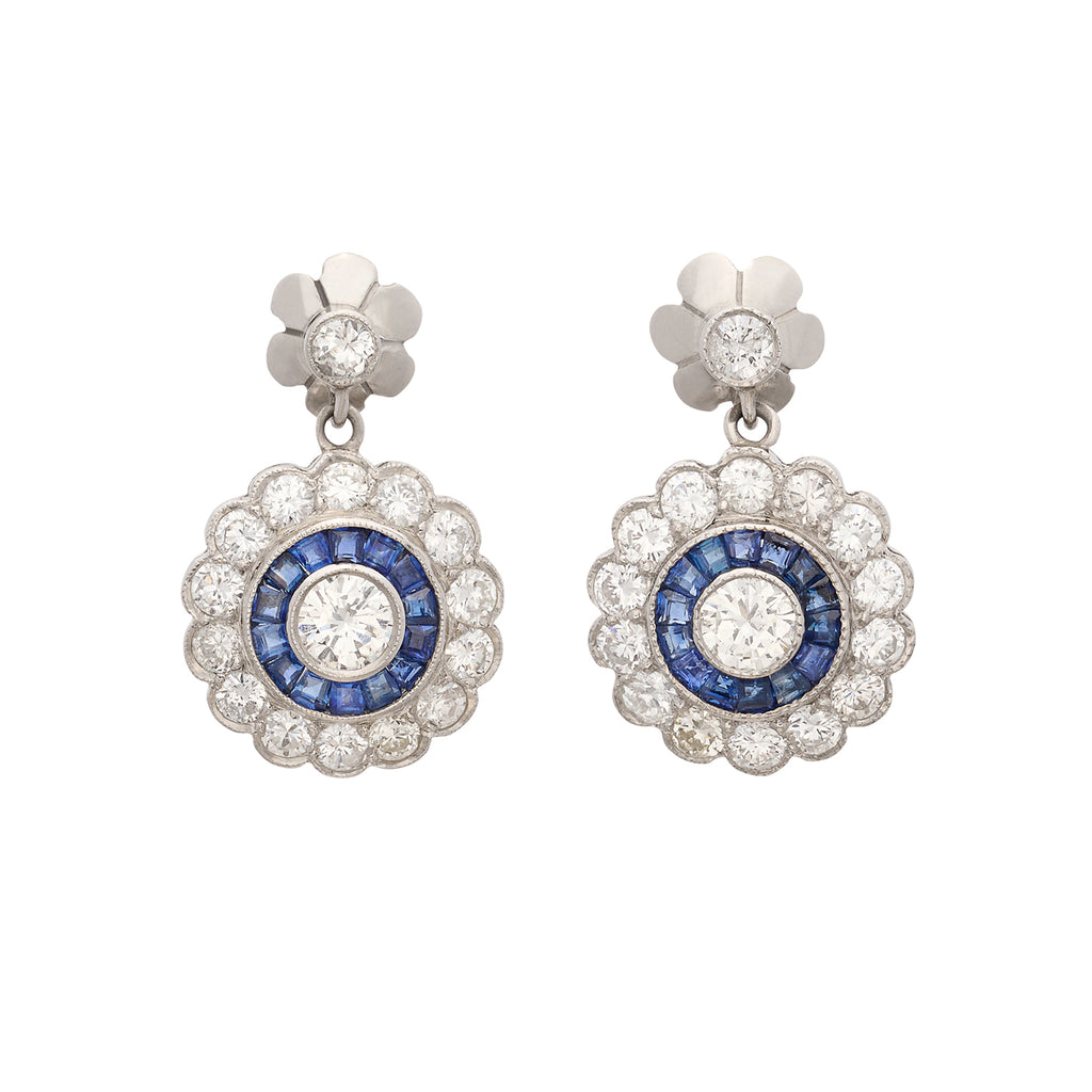 Platinum Diamond Drop Earrings with Sapphire Halo