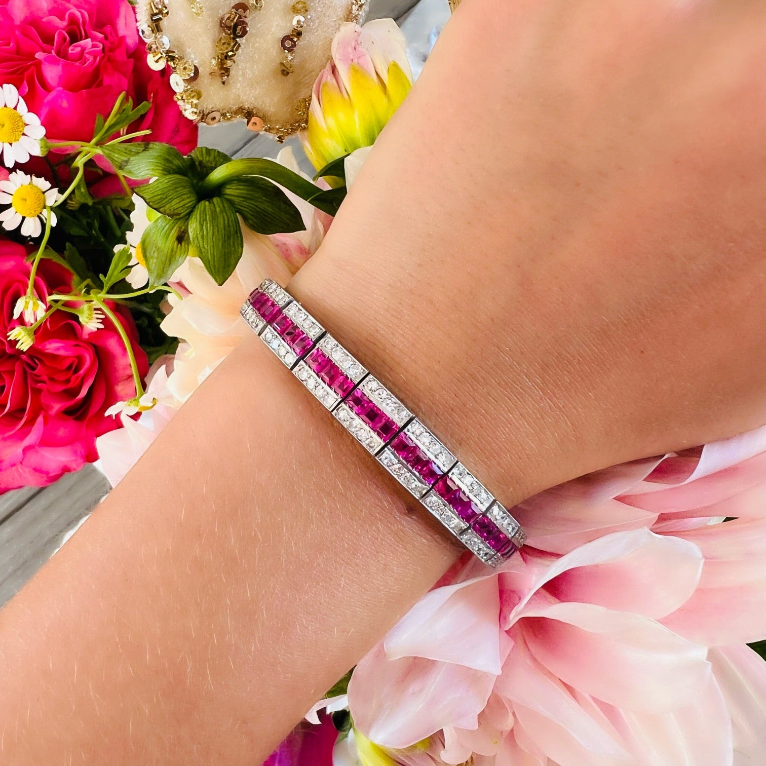 Art Deco Burma Ruby & Diamond Bracelet - 66mint Fine Estate Jewelry