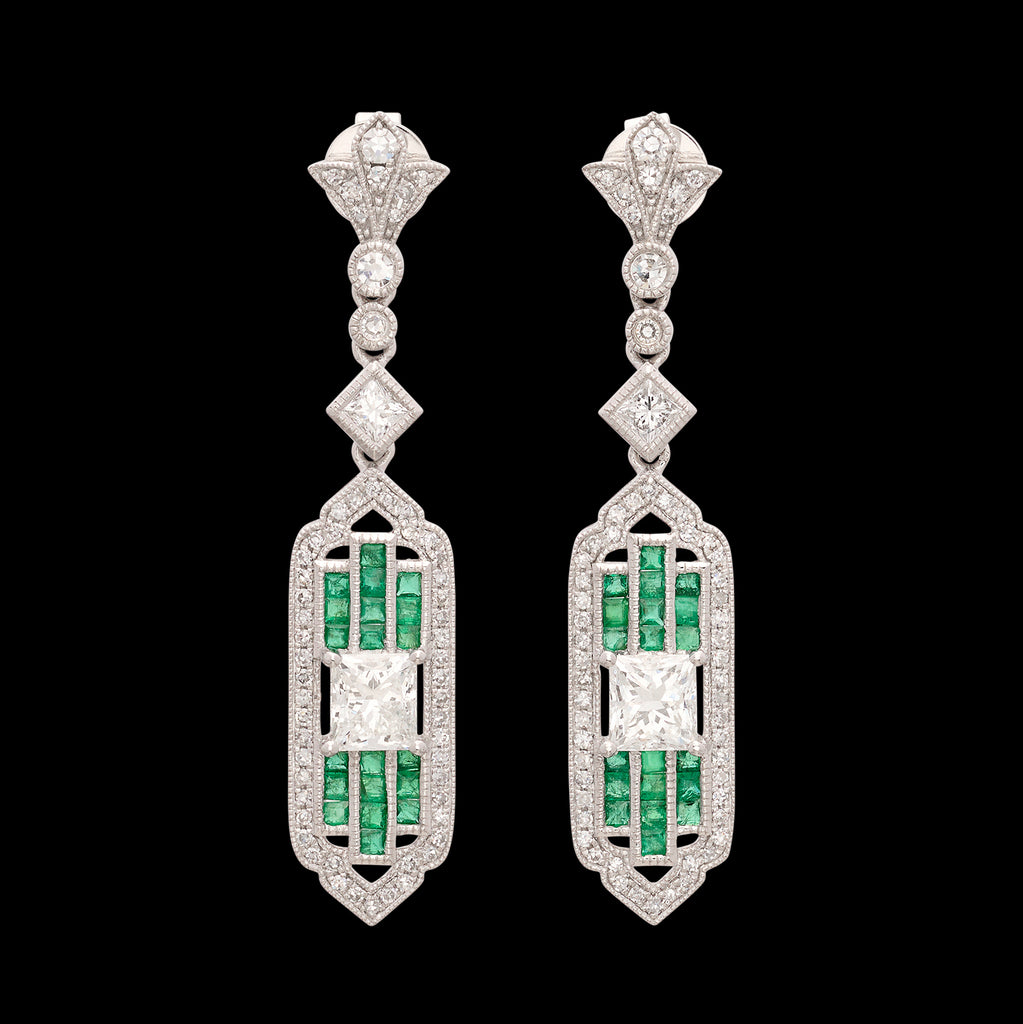 Art Deco Style Diamond & Emerald Dangle Earrings