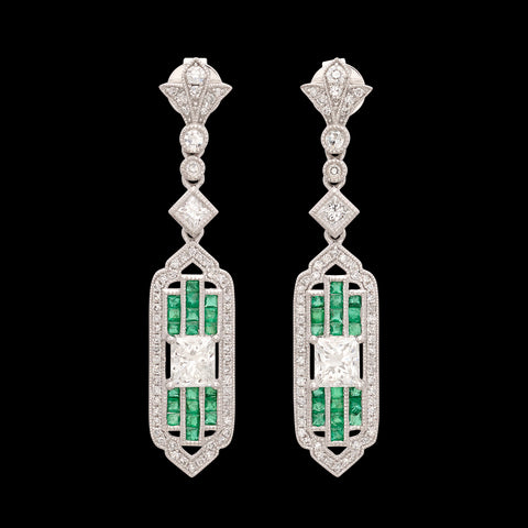 Art Deco Style Diamond & Emerald Dangle Earrings