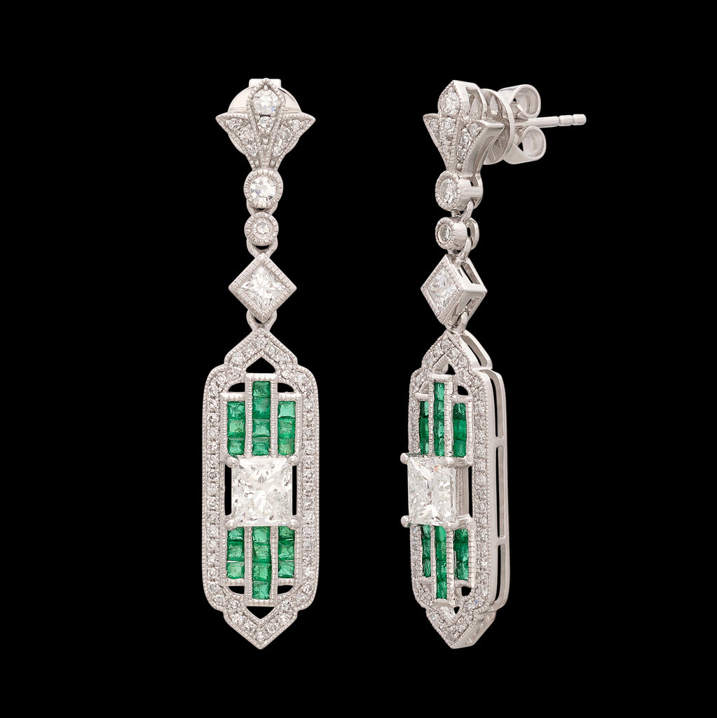 Art Deco Style Diamond & Emerald Dangle Earrings
