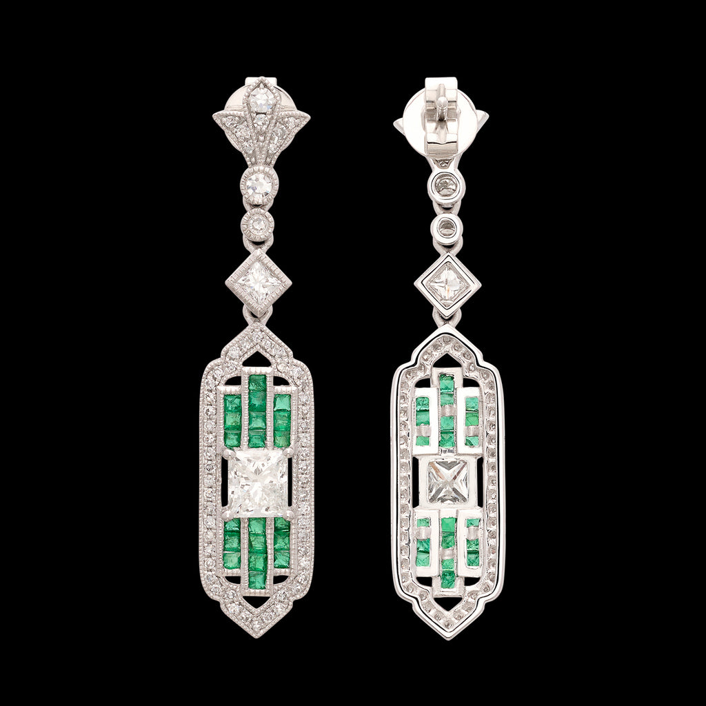Art Deco Style Diamond & Emerald Dangle Earrings