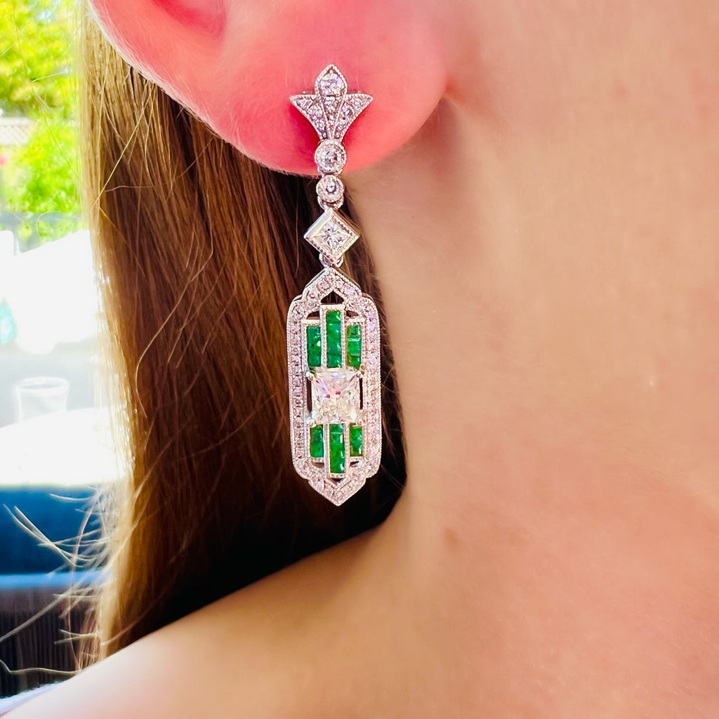 Art Deco Style Diamond & Emerald Dangle Earrings