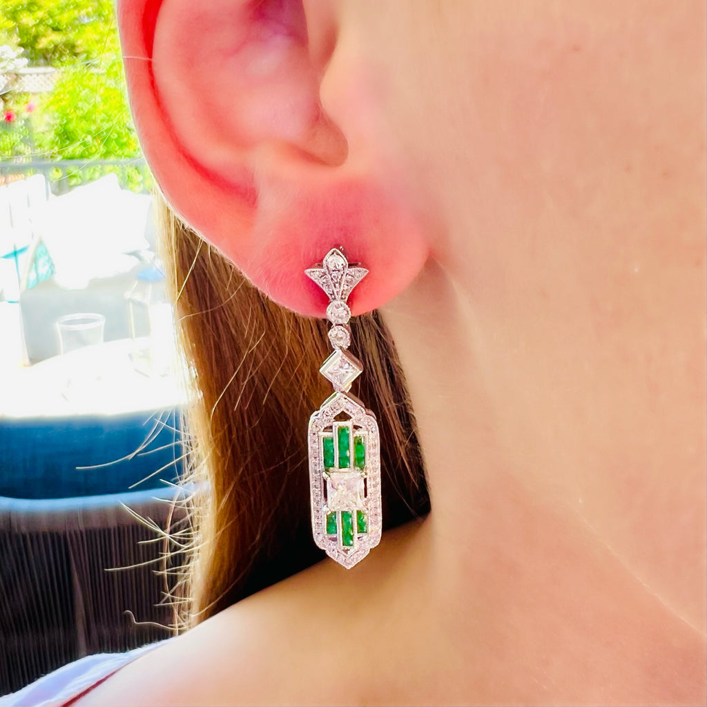 Art Deco Style Diamond & Emerald Dangle Earrings