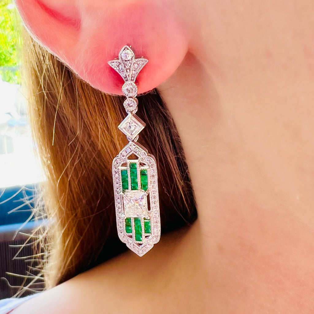 Art Deco Style Diamond & Emerald Dangle Earrings