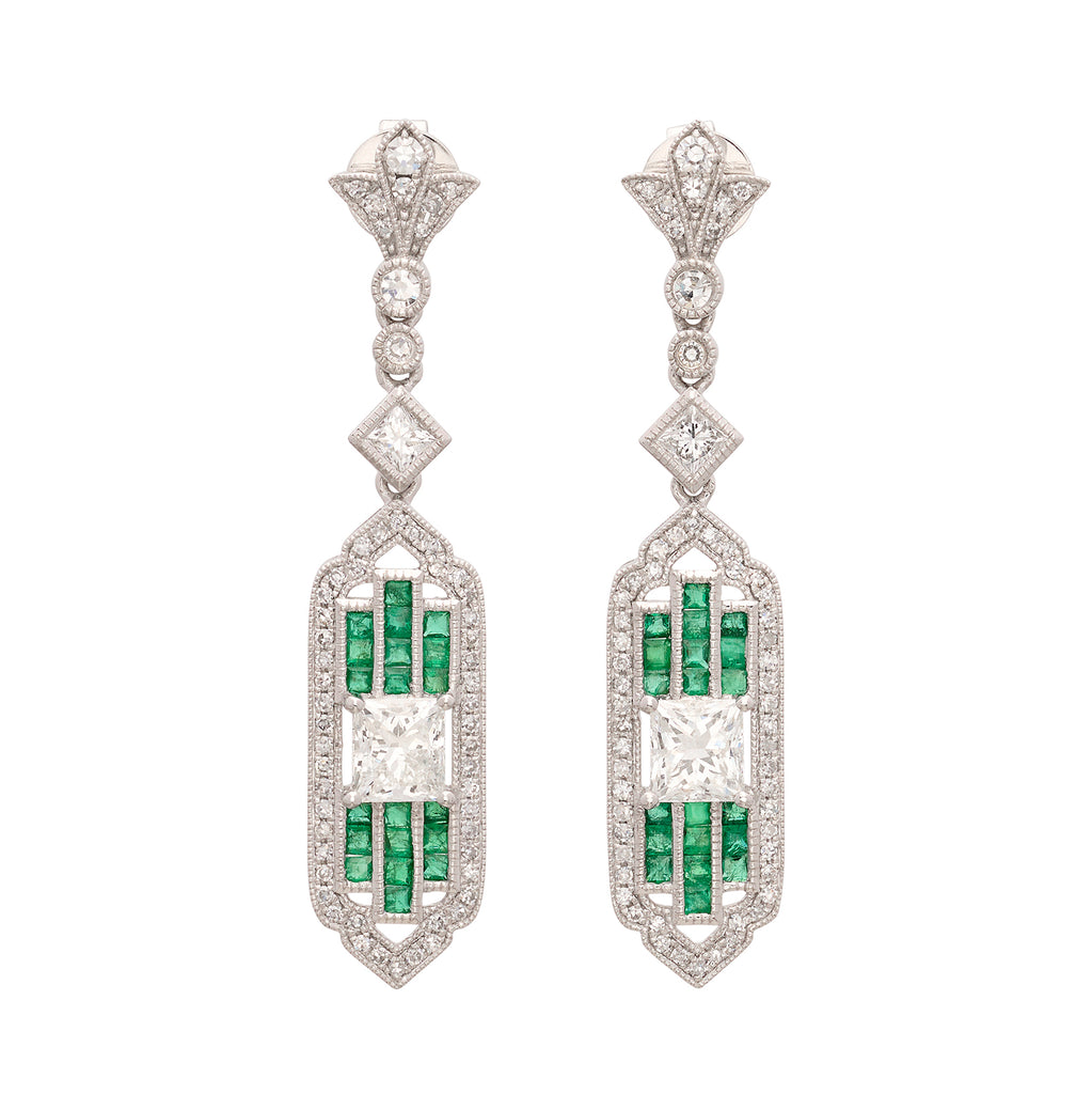 Art Deco Style Diamond & Emerald Dangle Earrings