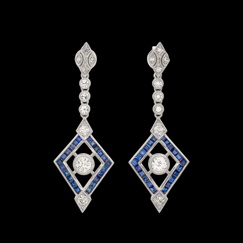 Platinum Diamond & Sapphire Deco Style Dangle Earrings