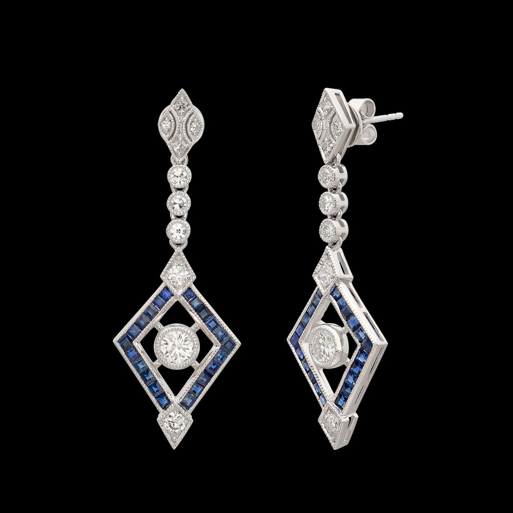 Platinum Diamond & Sapphire Deco Style Dangle Earrings