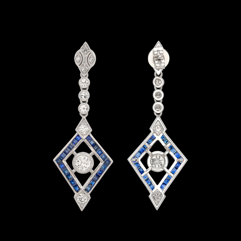 Platinum Diamond & Sapphire Deco Style Dangle Earrings