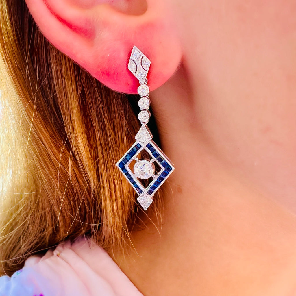 Platinum Diamond & Sapphire Deco Style Dangle Earrings