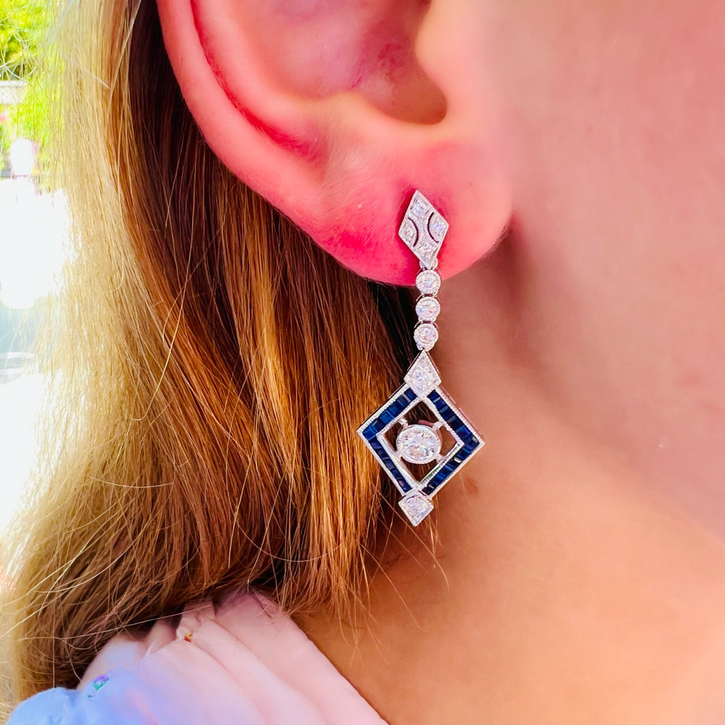 Platinum Diamond & Sapphire Deco Style Dangle Earrings